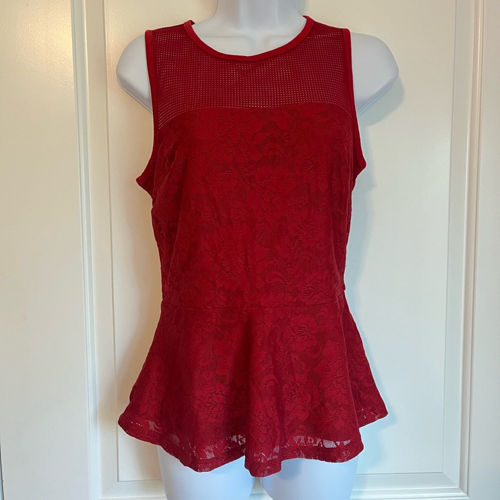 New York & Company 7th Avenue Red Lacy Floral Mesh Sleeveless Dress Top